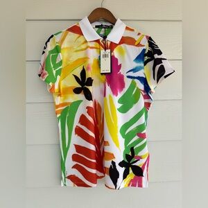 RLX Ralph Lauren Women Golf Polo Shirt L Multicolor Tropical Print Stretch
